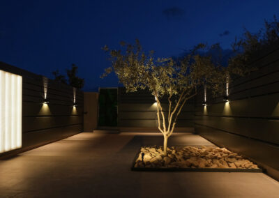 terraza con arbol de noche