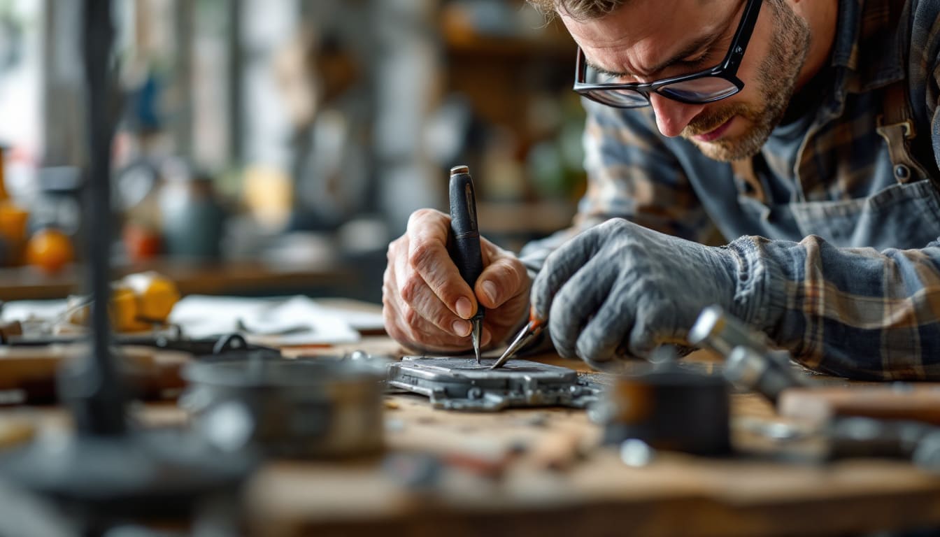 artesano trabajando detalle manos herramientas mesa