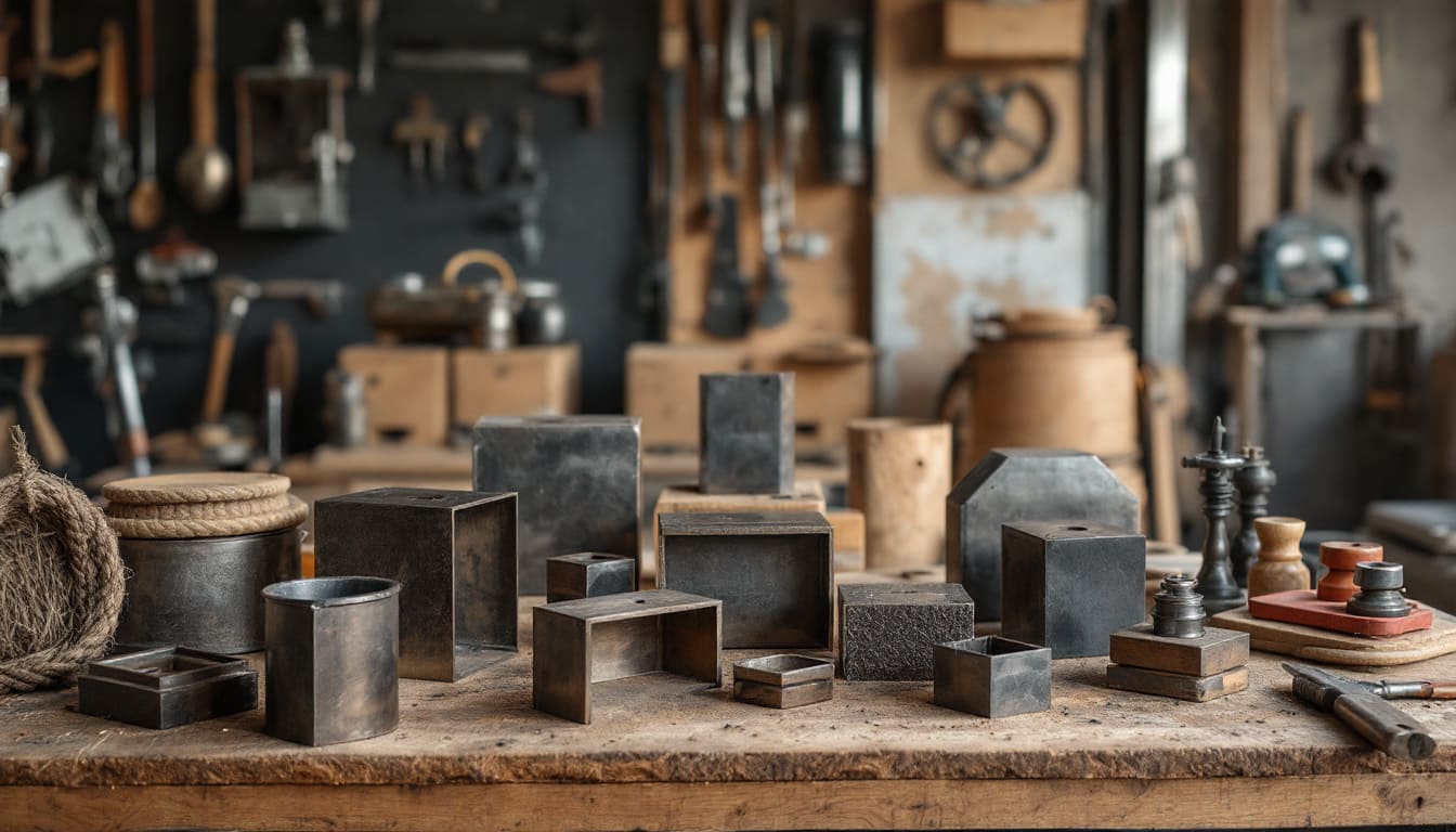 taller de herreria con herramientas ordenadas y bloques de metal sobre estanteria