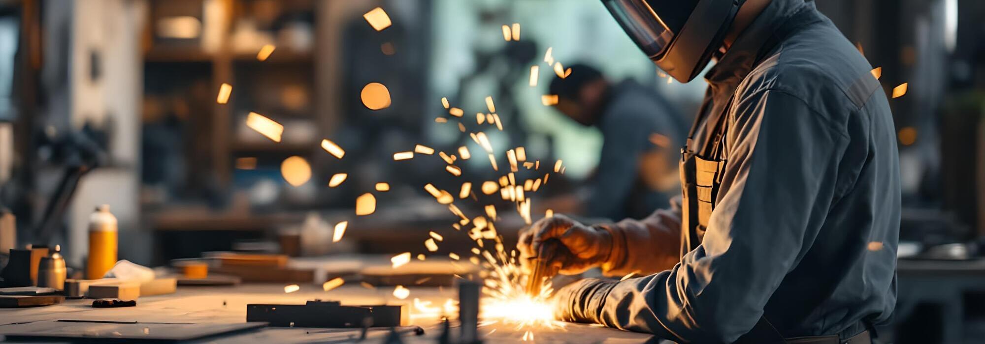 soldador trabajando chispas taller metal
