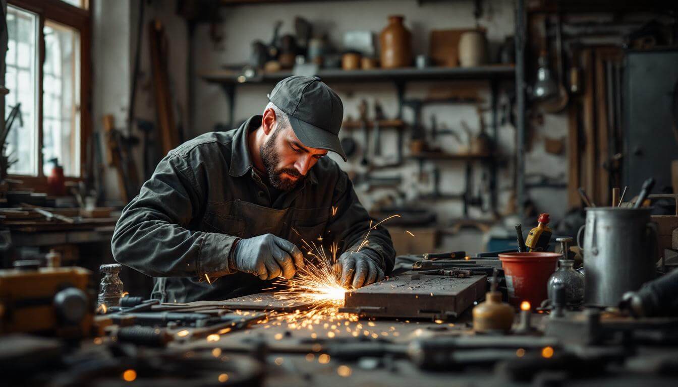 herrero trabajando con chispas