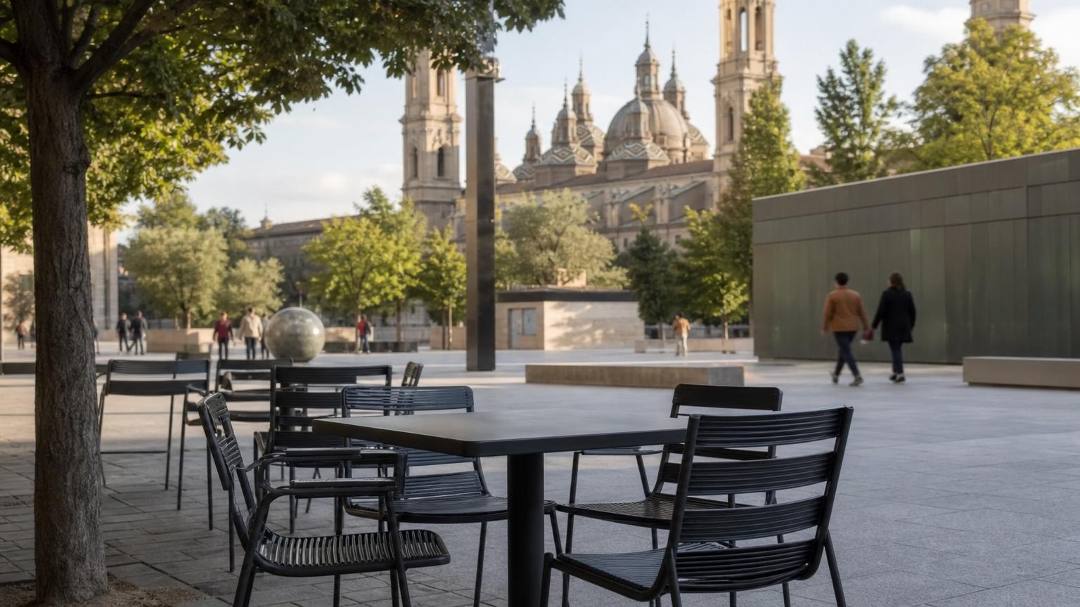 Modern black metal slatted chairs and tables on a stone plaza in Zaragoza, with the Basilica of Our Lady of the Pillar in the background.