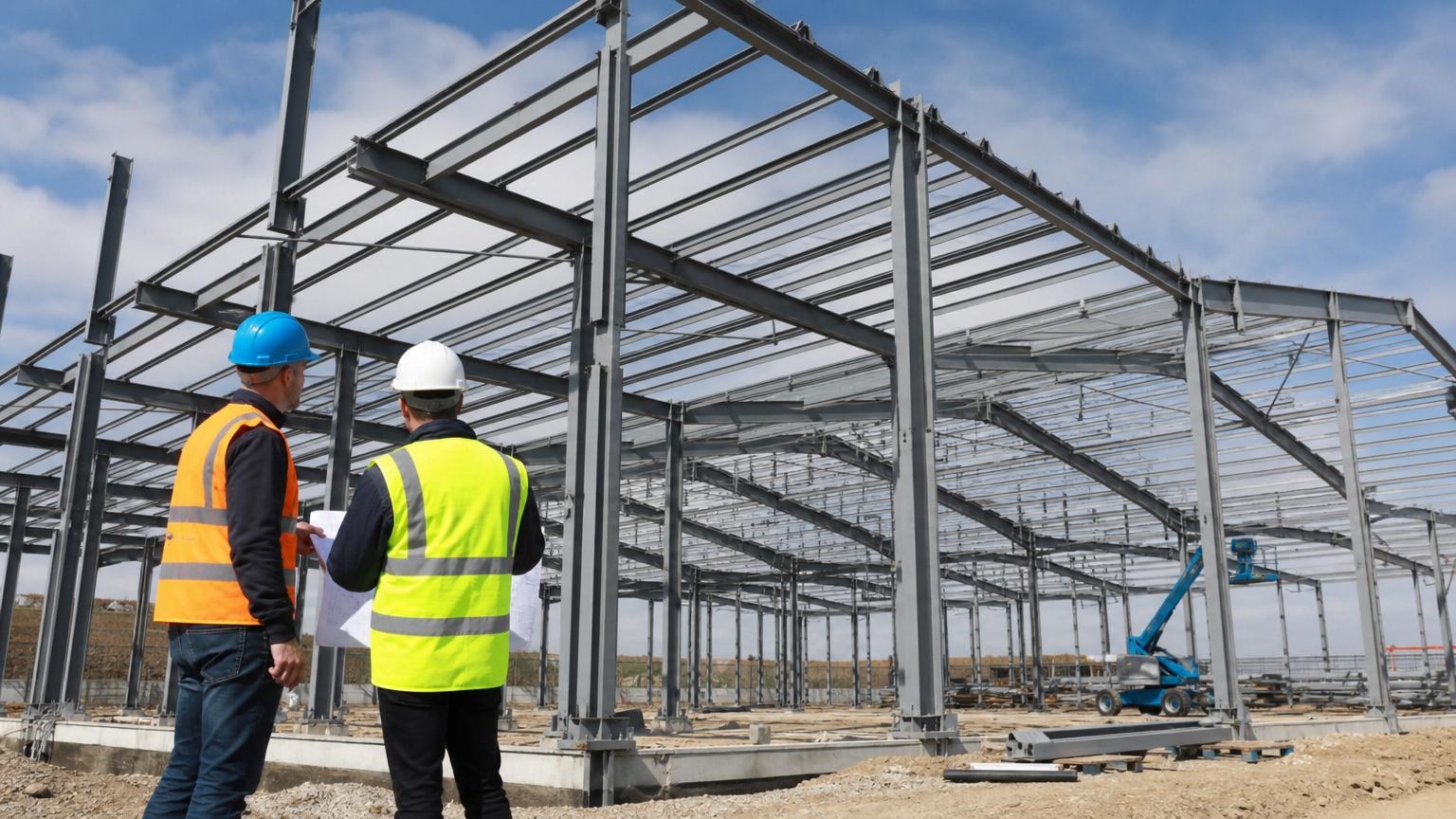 barandilla Two engineers in hard hats and safety vests review blueprints before a large industrial steel frame building under a blue sky.