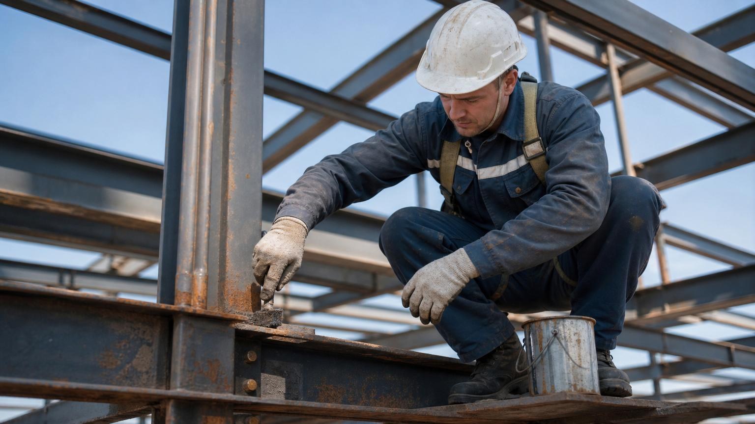 barandilla Construction worker in a white hard hat and blue overalls applying treatment to a rusted steel beam on a large metal building frame.